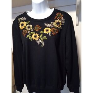 Alfred Dunner Petite Black‎ Sunflower Leaf Embroidered Sweatshirt PM